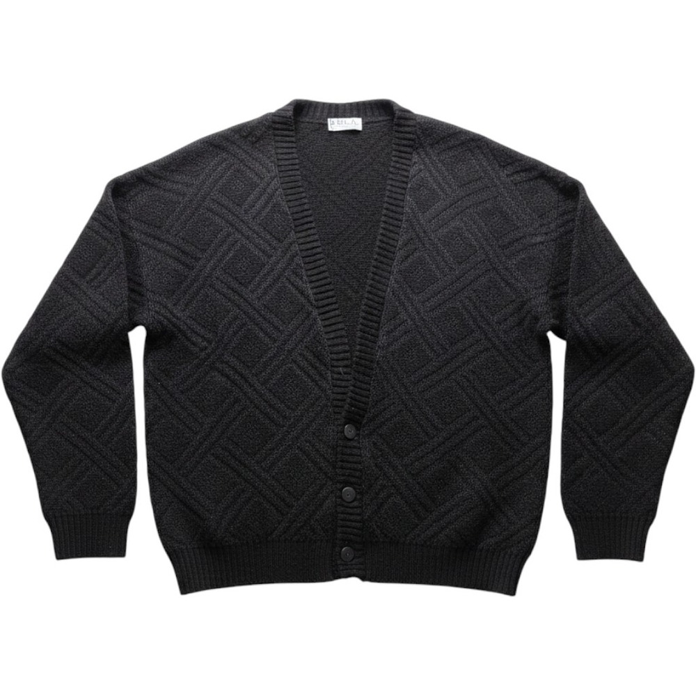 AREA Cardigan Sweater Mens Large Black Diamond Knit V Neck Button Front Textured